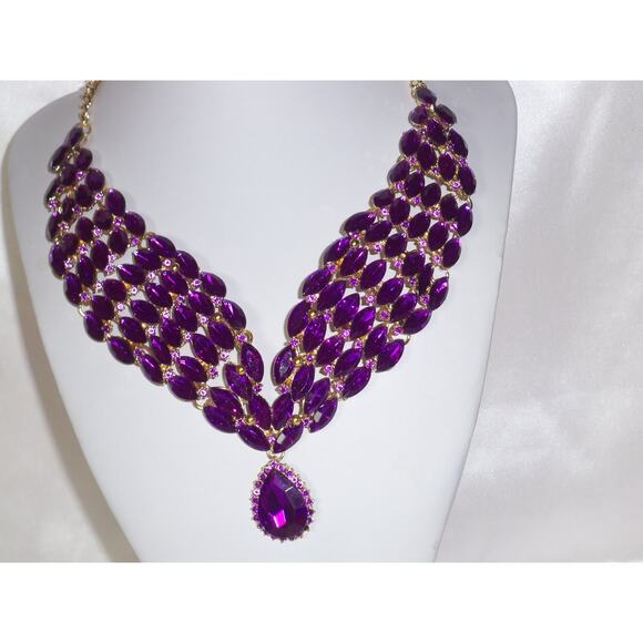 Purple rhinestone necklace set, prom party evening wedding bridal MOB necklace, - Picture 6 of 6